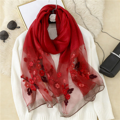 Flower Embroidery Silk Begonia Scarf