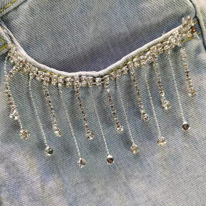 High Waist Edgy Rhinestone Tassel Denim Shorts