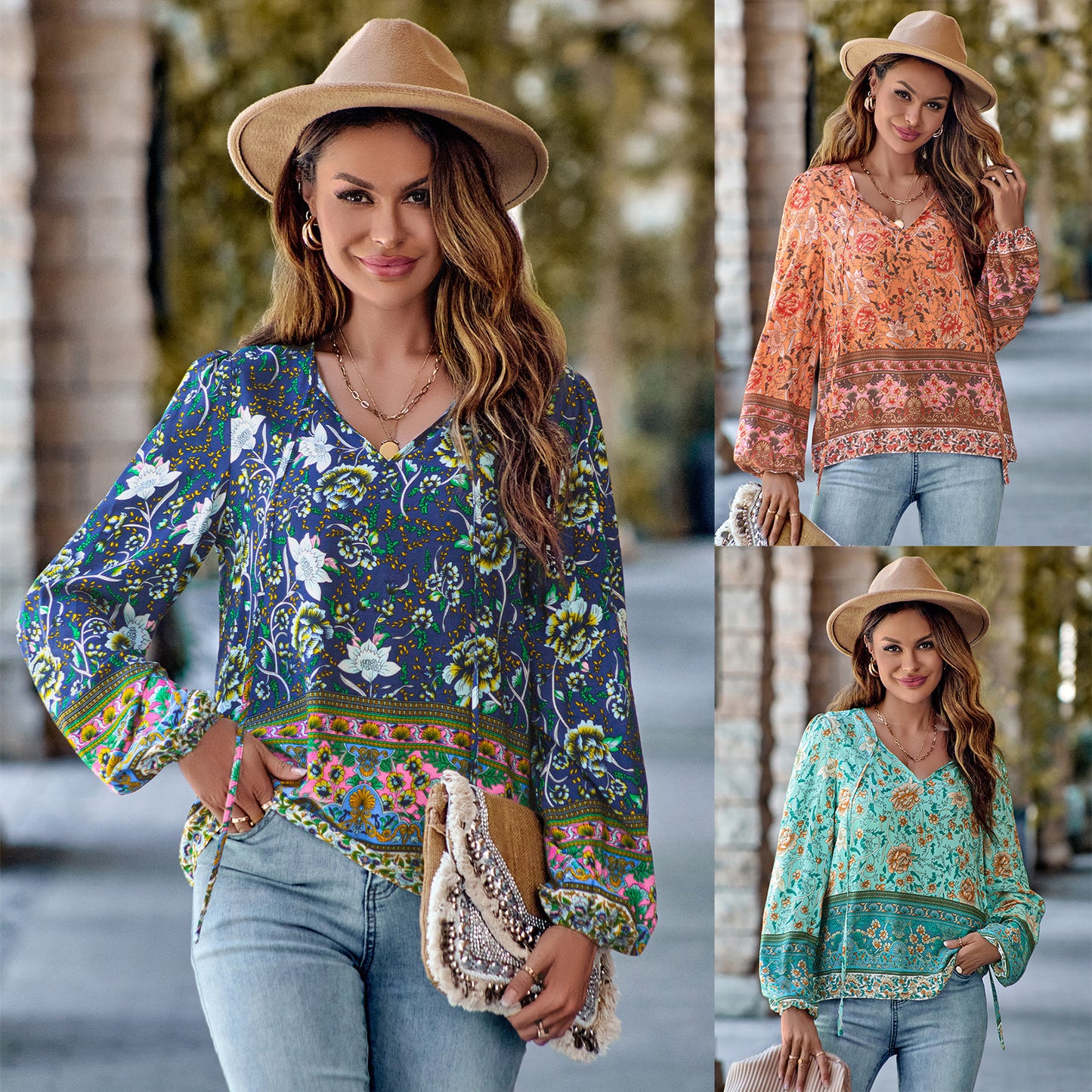 Printed Flower Design V-neck Loose Top