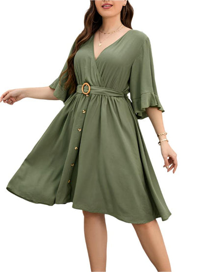 Chic Plus Size Ruffle Sleeve V-Neck Dress