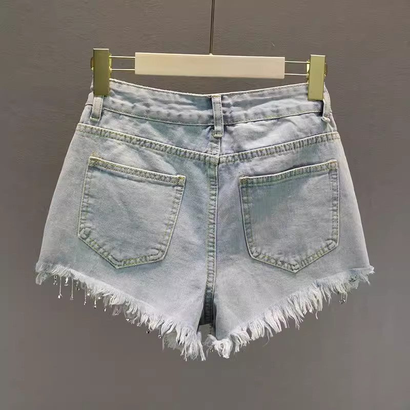 High Waist Edgy Rhinestone Tassel Denim Shorts