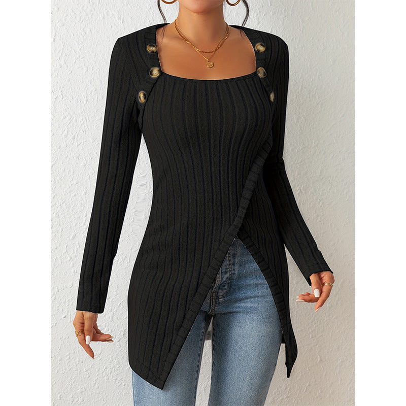 Ladies Black Slit comfort Square-Neck Sweater