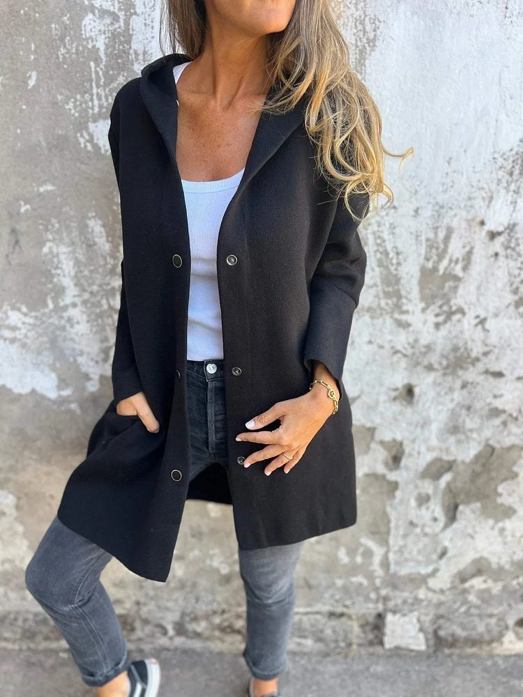 Black Loose Casual Hooded Single-Breasted Spring & Autumn Cardigan