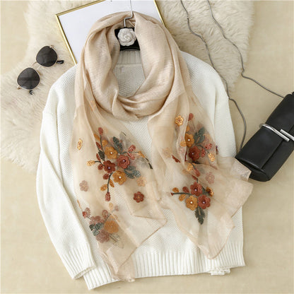 Flower Embroidery Silk Begonia Scarf