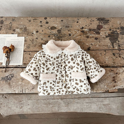 Baby Girls Floral Lace Lapel Puffer Jacket with fur lining