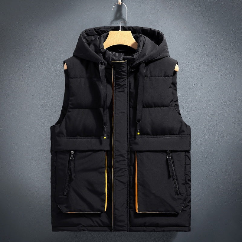 Thick Fleece-lined Warm Down Cotton Waistcoat Vest With Hood