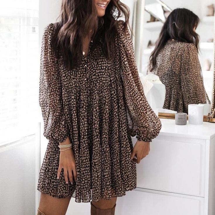 Loose Leopard Print Lantern Sleeve V-Neck Dress