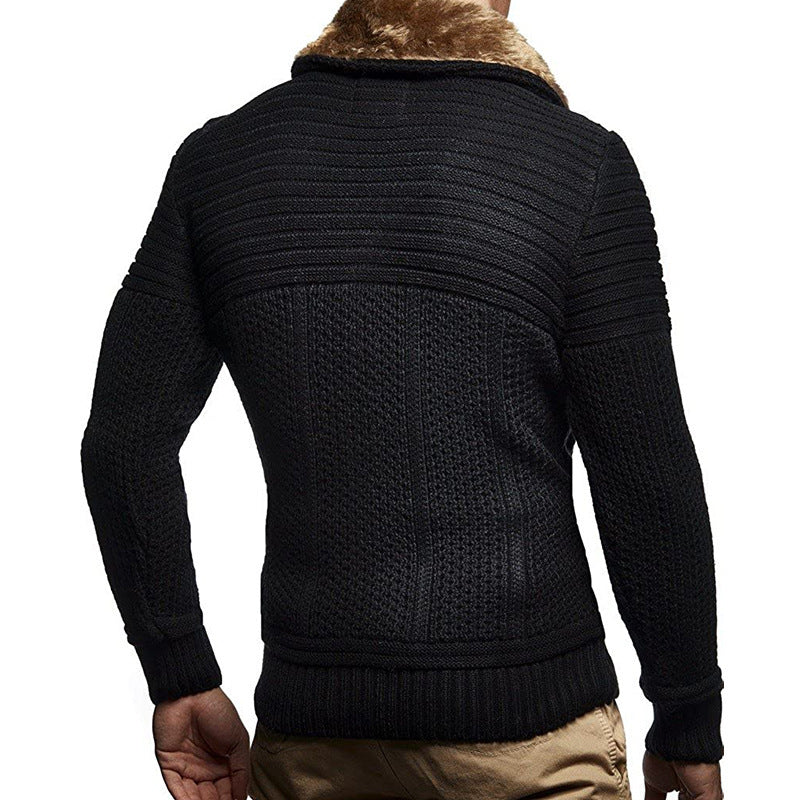 Men's Classic Knitted Cardigan with Fur Collar