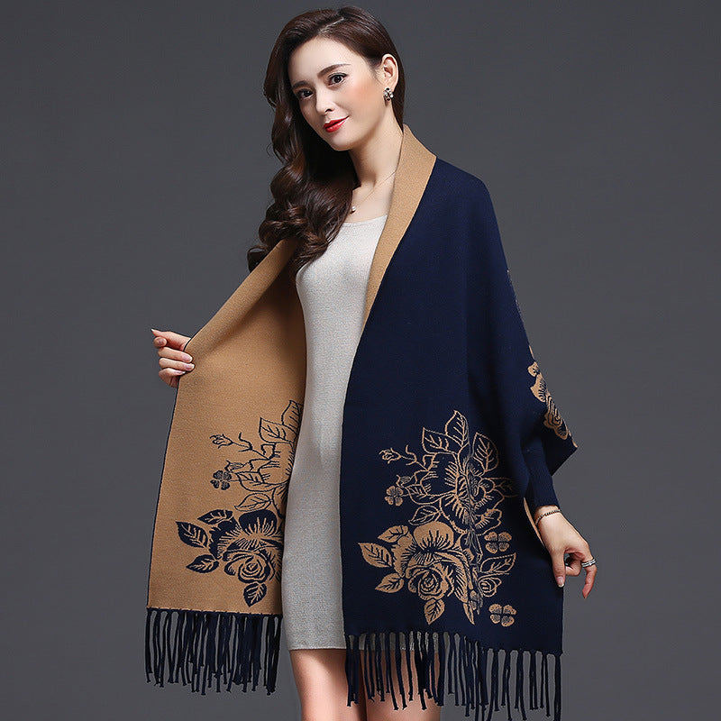 Mid-length Cashmere Cardigan Shawl with Tassels & Flower Print