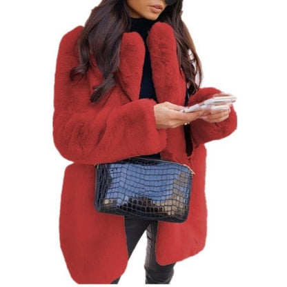 Red Women Temperament Lapel Faux Fur Coat Solid Color Coat