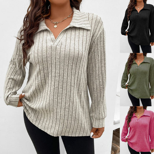 Chic Comfort: Ladies Plus Size V-shaped Stripe Brushed Top