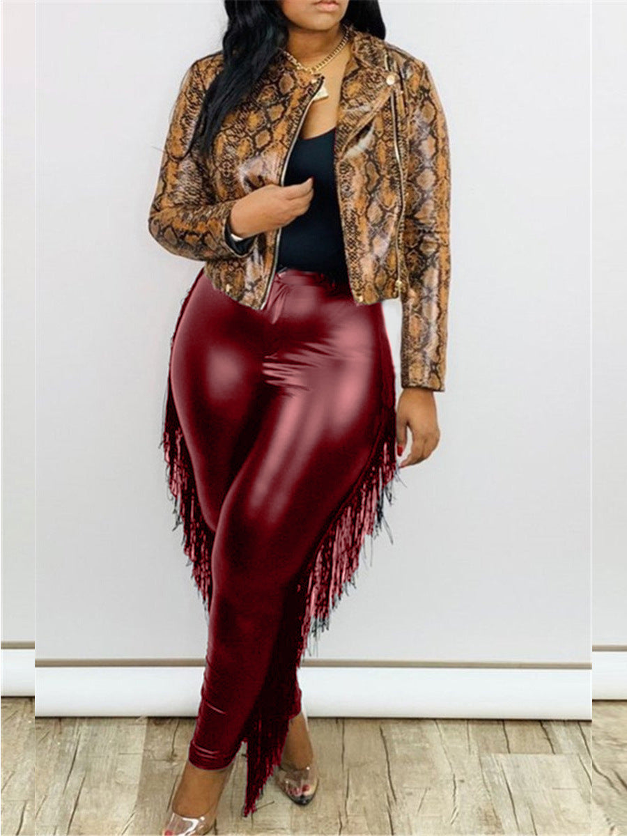 Red Plus Size PU Leather Pants with Tassels