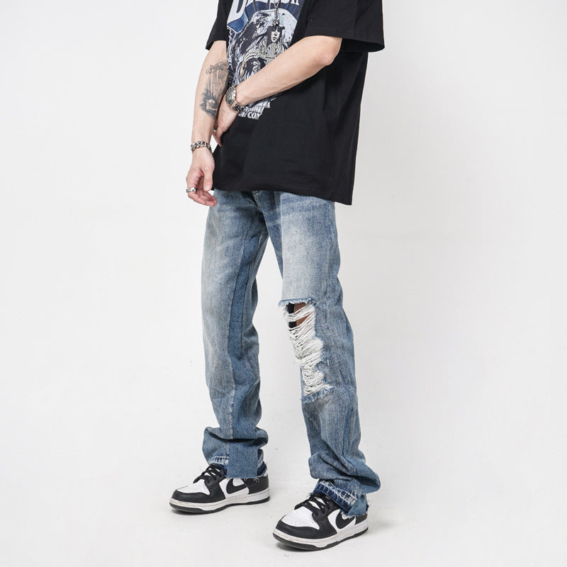 Men's Straight Loose Distressed Ripped Jeans