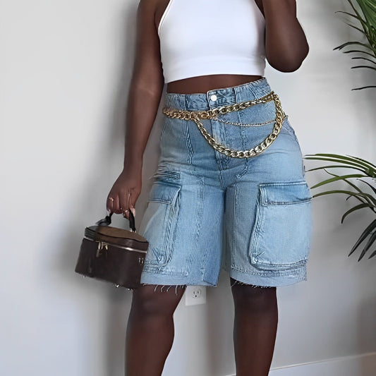 Women Baggy Style Denim Shorts With Pockets