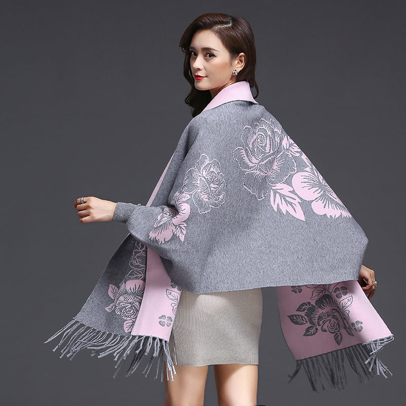 Mid-length Cashmere Cardigan Shawl with Tassels & Flower Print