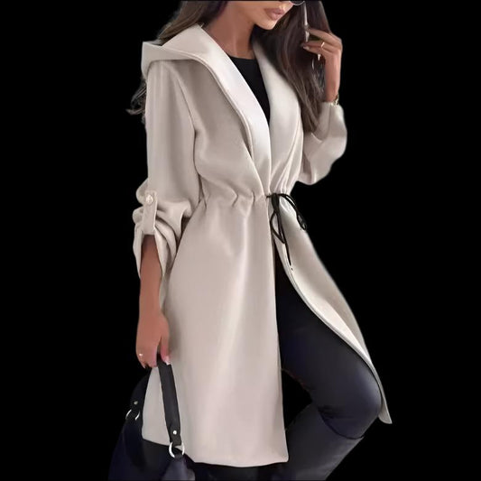 Women's Casual Hooded Long Sleeve Fall Winter Coat with waist drawstring