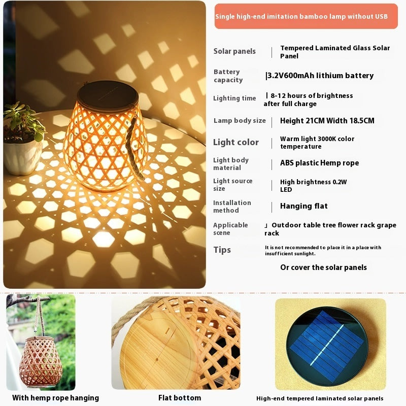 Outdoor Solar Bamboo Weaving Hollowed Waterproof Hanging Imitation or Table Lamp