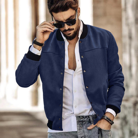 Men's Blue Smart Suede Jacket with Pop Button