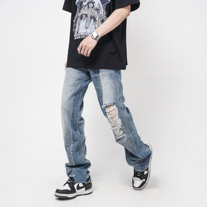 Men's Straight Loose Distressed Ripped Jeans