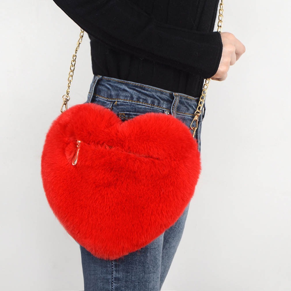 Plush Heart Shoulder Bag with Gold Chain