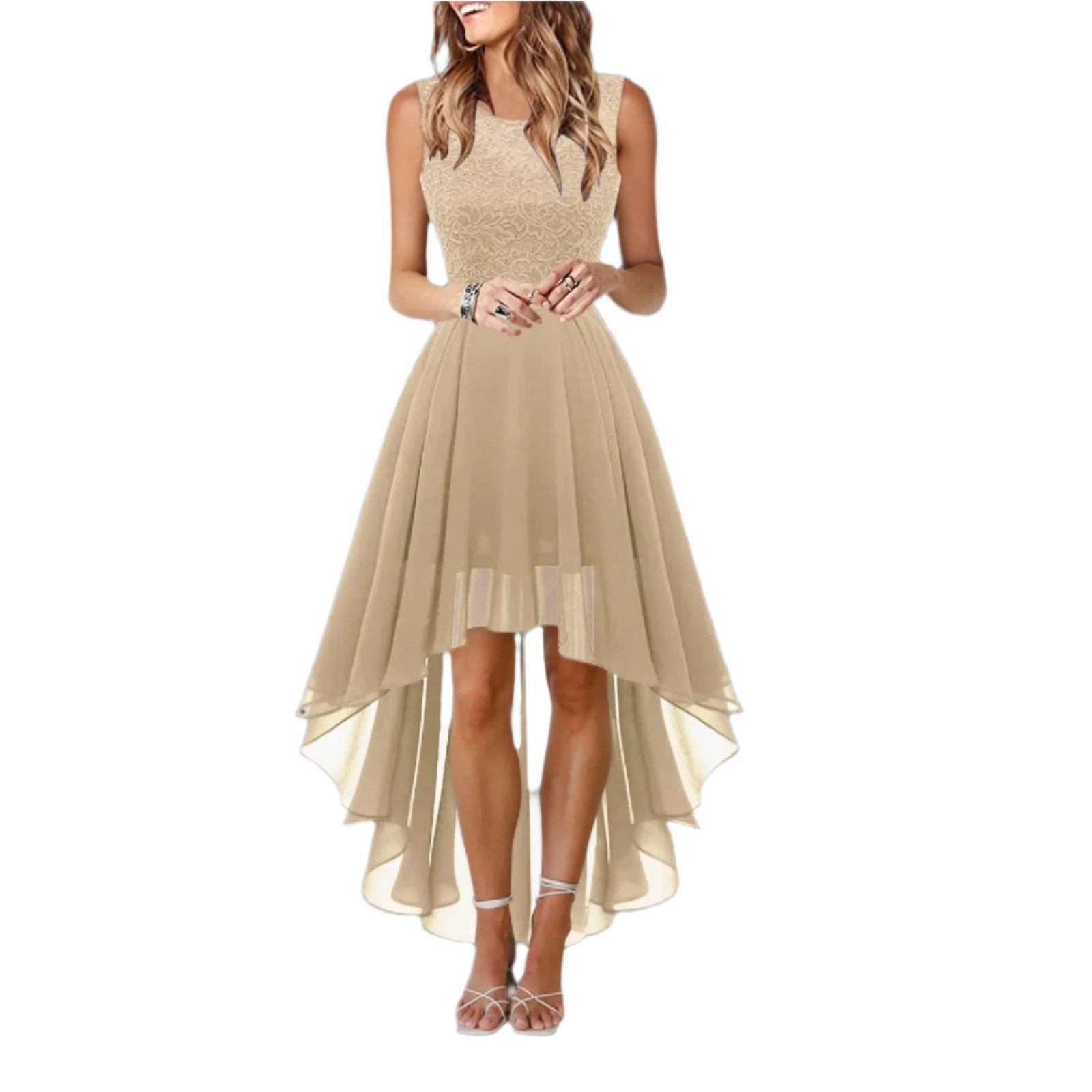 Beige Women's Lace Swing Chiffon Evening Dress