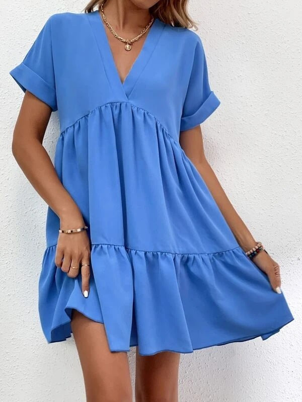 Light Blue Front view of Ladies Short-sleeved V-neck Ruffled Summer Dress