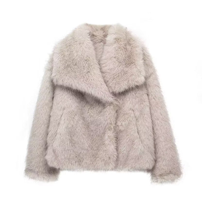 Greige Winter Faux Fur Plush Lapel Coat