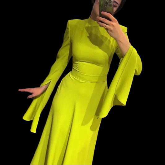 Long Flared Sleeve Half Turtleneck Lime Green Dress