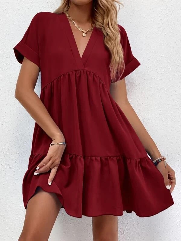 Red Front view of Ladies Short-sleeved V-neck Ruffled Summer Dress