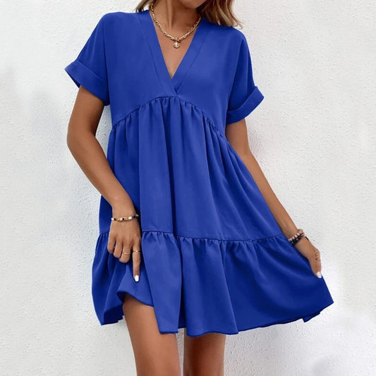 Blue Front view of Ladies Short-sleeved V-neck Ruffled Summer Dress