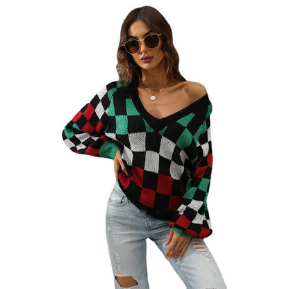 V-neck Plaid Contrast Knit Top