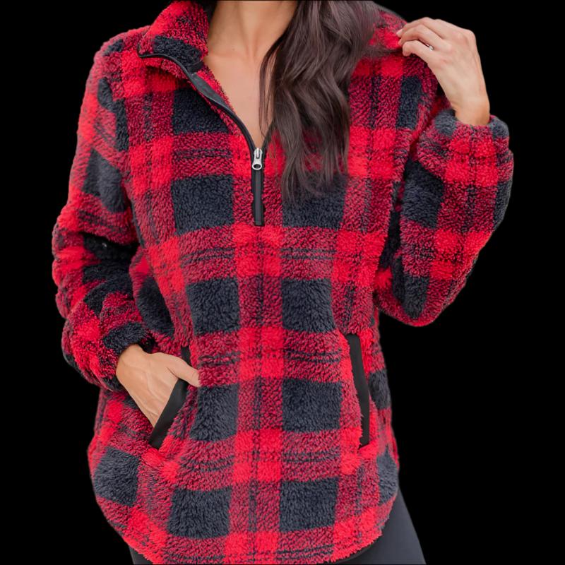 Red Plaid Plush Cozy Style Pullover Zip-Up Sweater