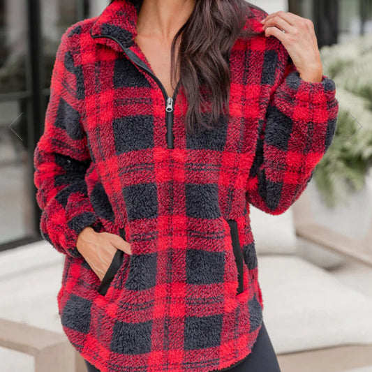 Red Plaid Plush Cozy Style Pullover Zip-Up Sweater