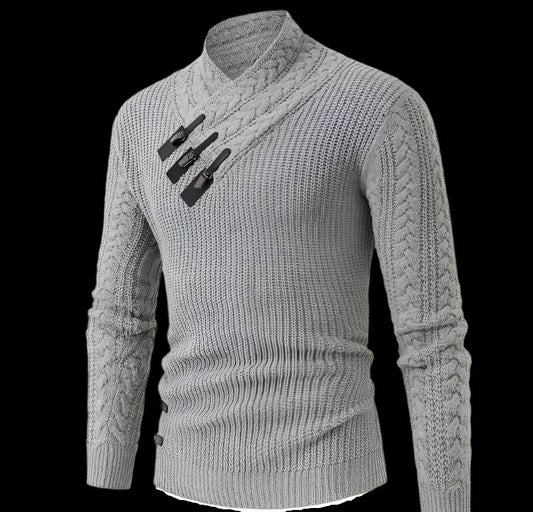 Grey Men's Knitted Sweater with Leather Buckle to the collar