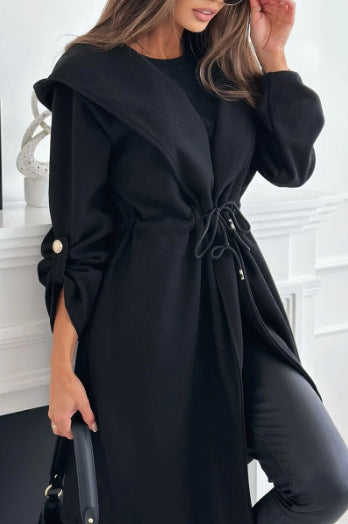 Women's Casual Hooded Long Sleeve Fall Winter Coat with waist drawstring