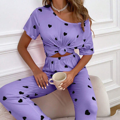 Love Heart Print Round Neck Short-Sleeve Pajama Set