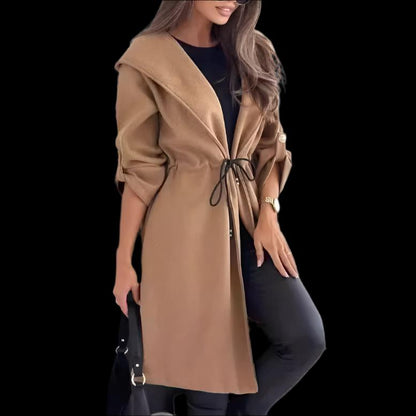 Women's Casual Hooded Long Sleeve Fall Winter Coat with waist drawstring