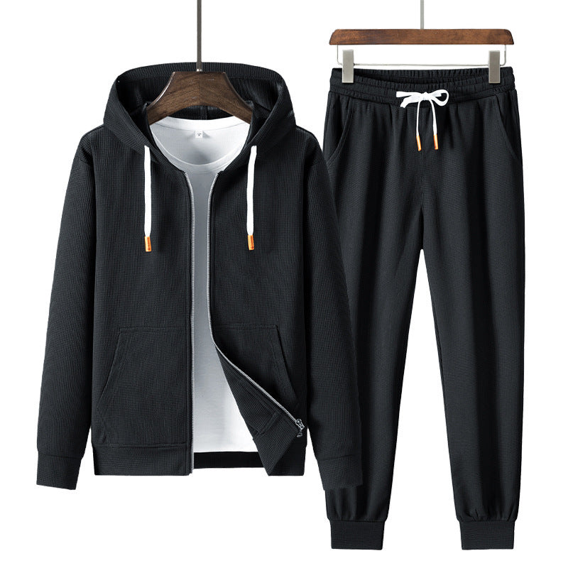 Casual Trendy Waffle Hooded Sports Sweater & Pants Suit