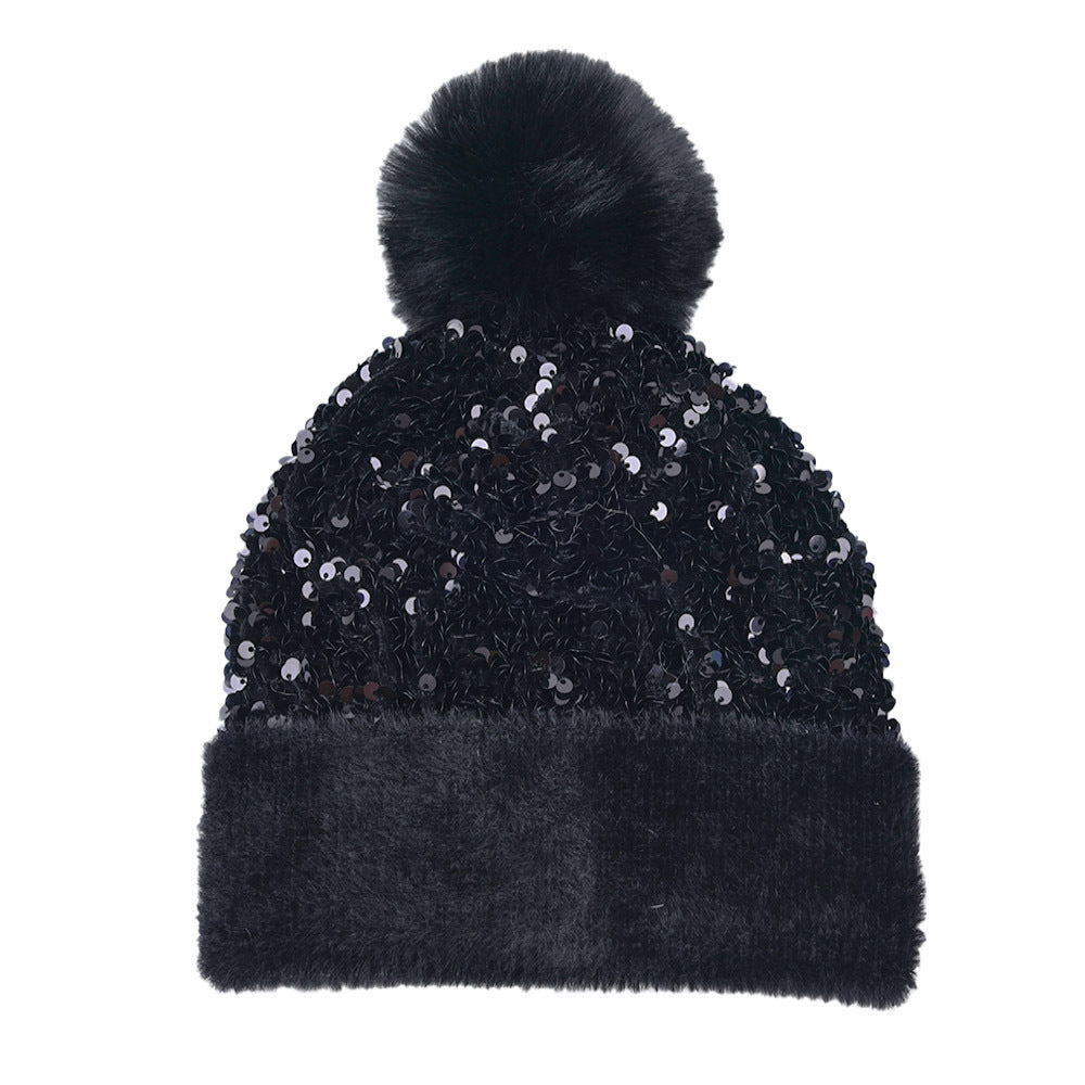 New Sequin Woolen Hat with Large Detachable Pom-pom