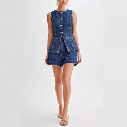 Hot Denim Sleeveless Suit with Button Vest Top And High Waist Shorts