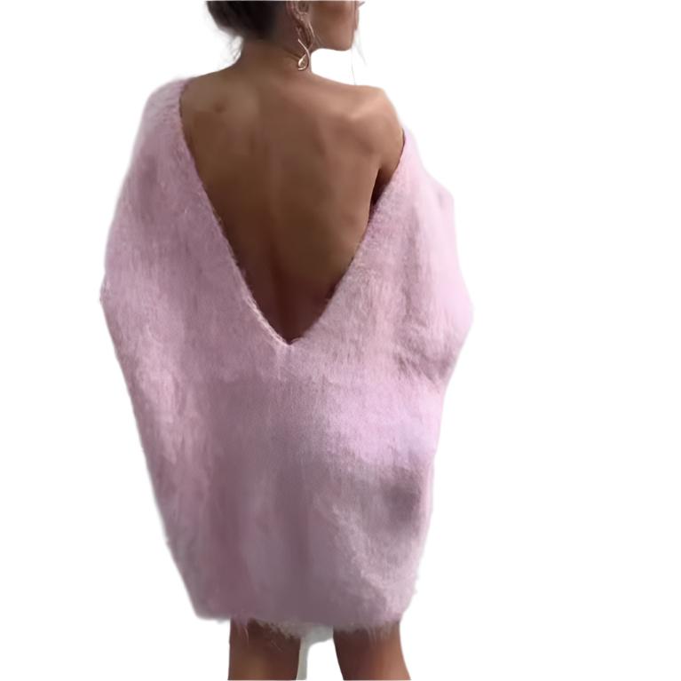 Pink Sweet Fluffy Long-sleeved Backless Knitted Sweater