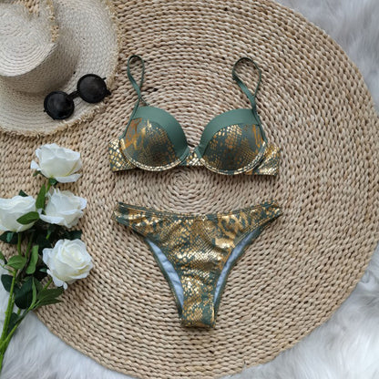 Ladies Gold Snake Skin Bikini Push Up Bikini