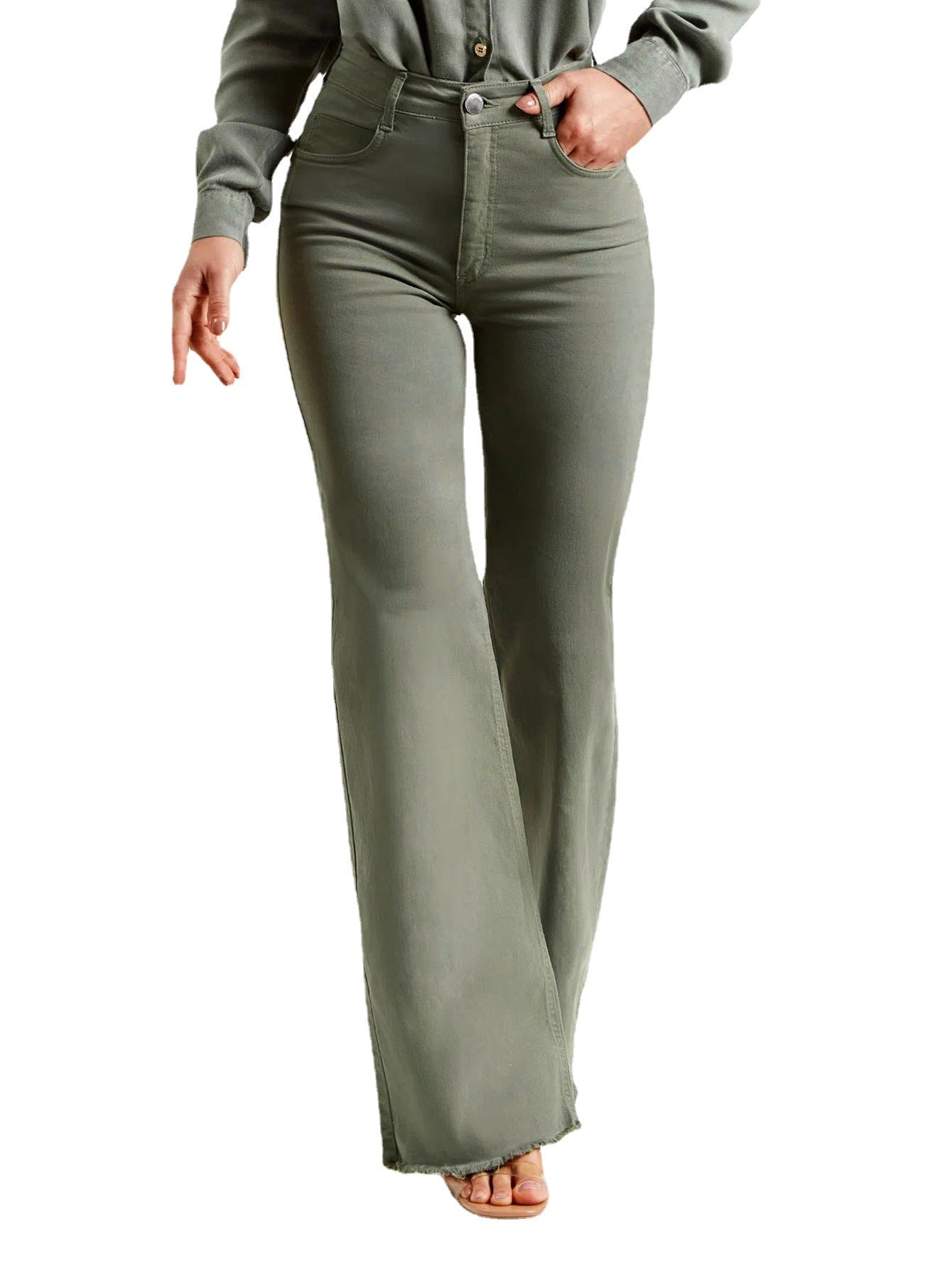 Ladies Stretch High Waist Frayed Flared Pants