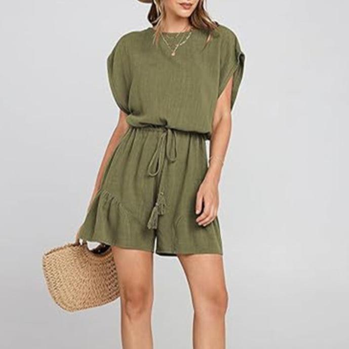 Women Cotton And Linen Loose Summer Shorts Jumpsuit