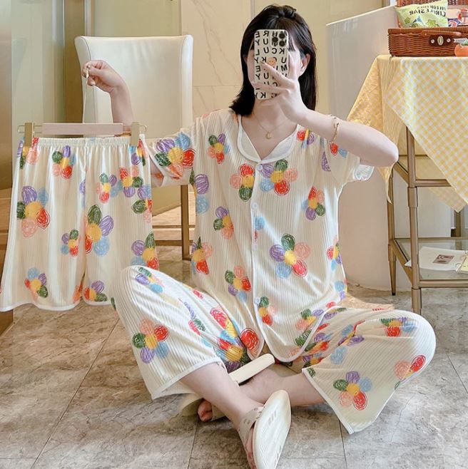 Women's Printed Cotton Three-piece Suit Pyjamas